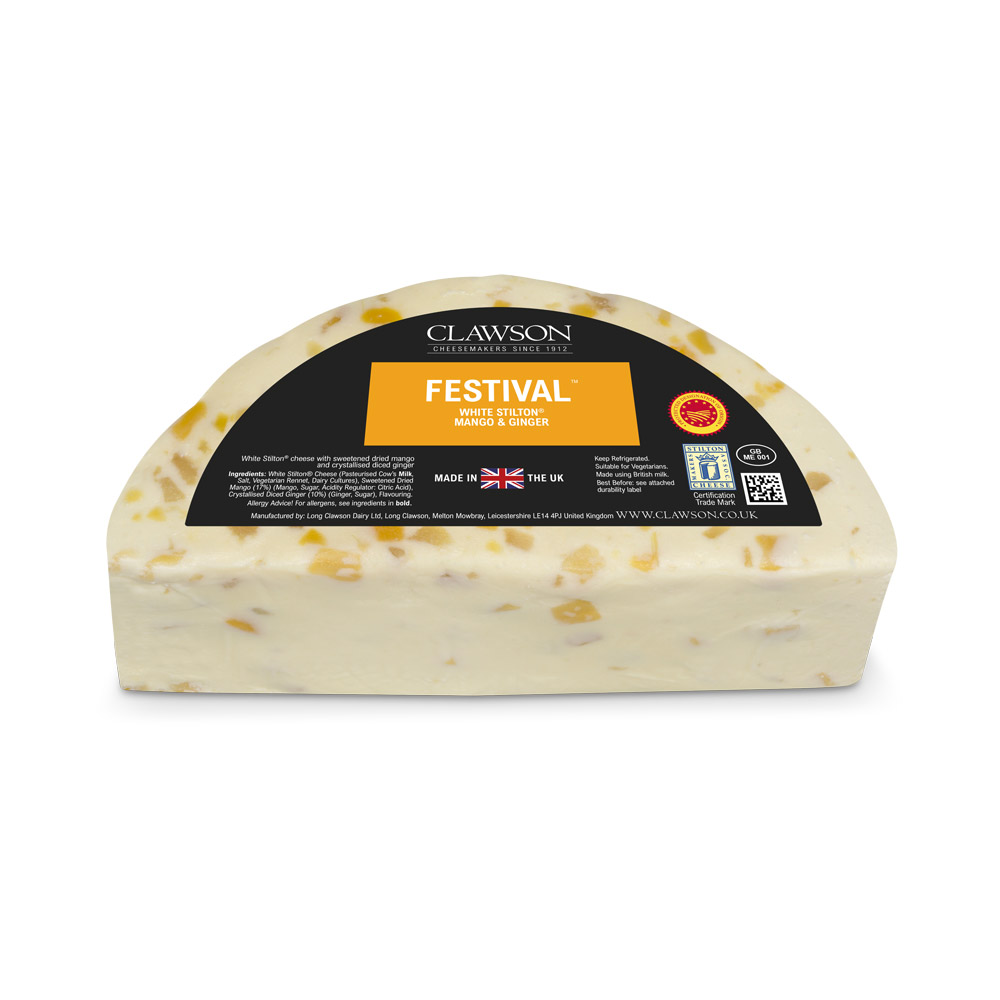 Half-moon of Clawson festival white stilton cheese with mango & ginger