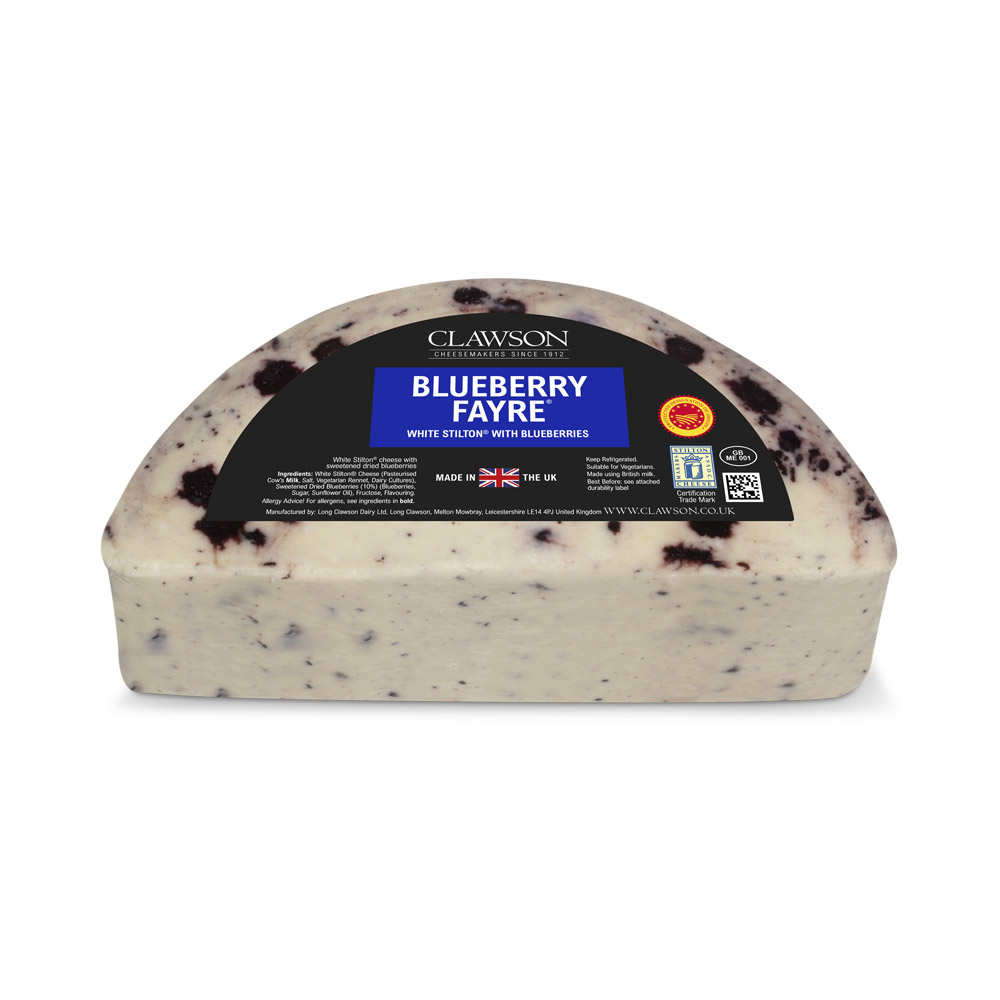 Half-moon of Clawson blueberry fayre white stilton cheese with blueberries