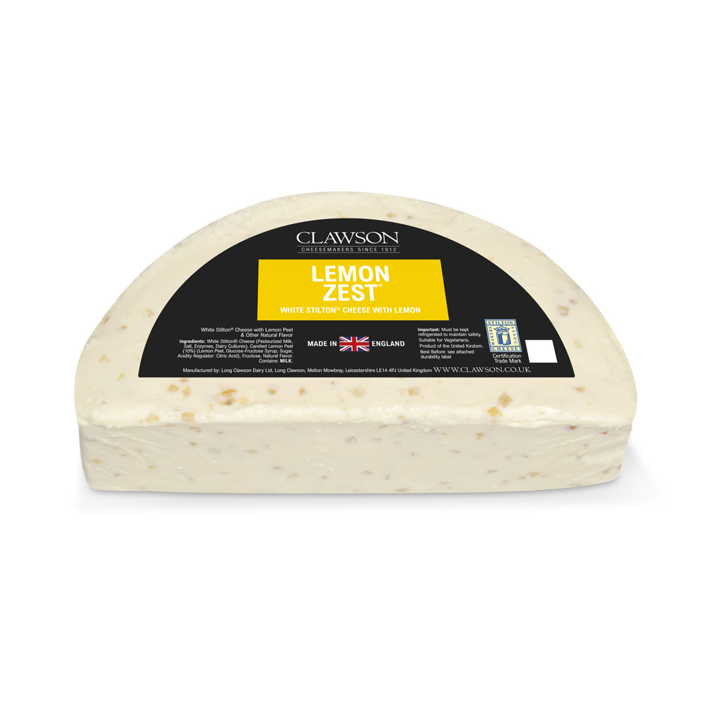 Half-moon Clawson white stilton cheese with lemon zest