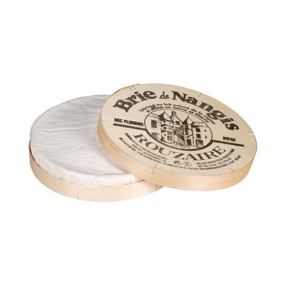 Brie de Nangis in a wooden container with the lid off