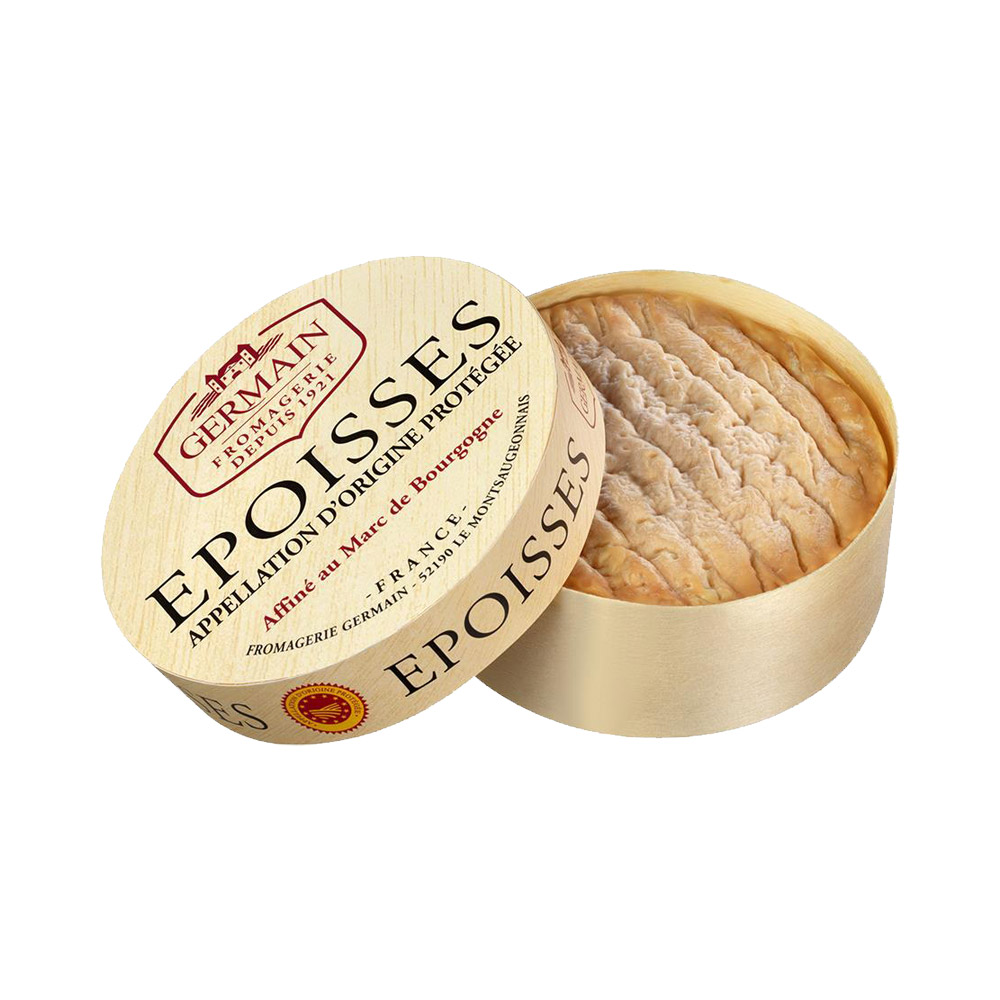 Epoisses cheese in a wooden container with the lid off