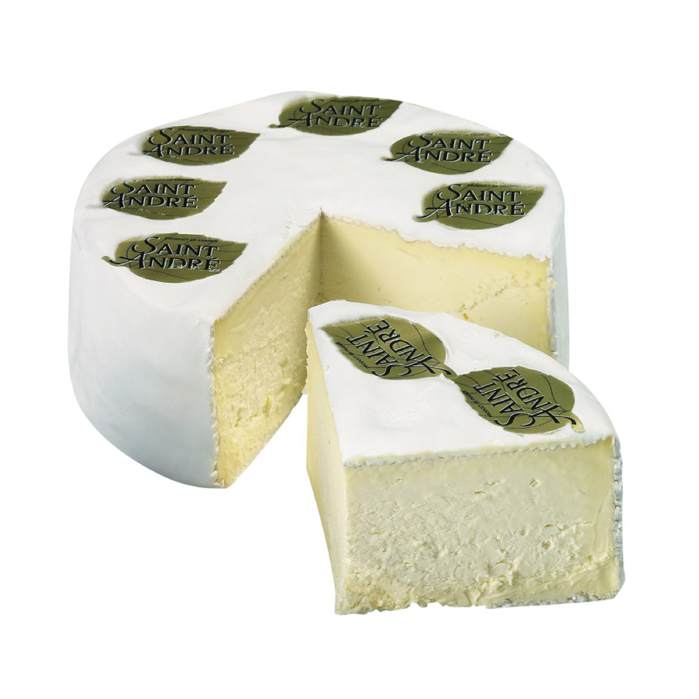 Wheel of Saint André cheese with a wedge cut out of it