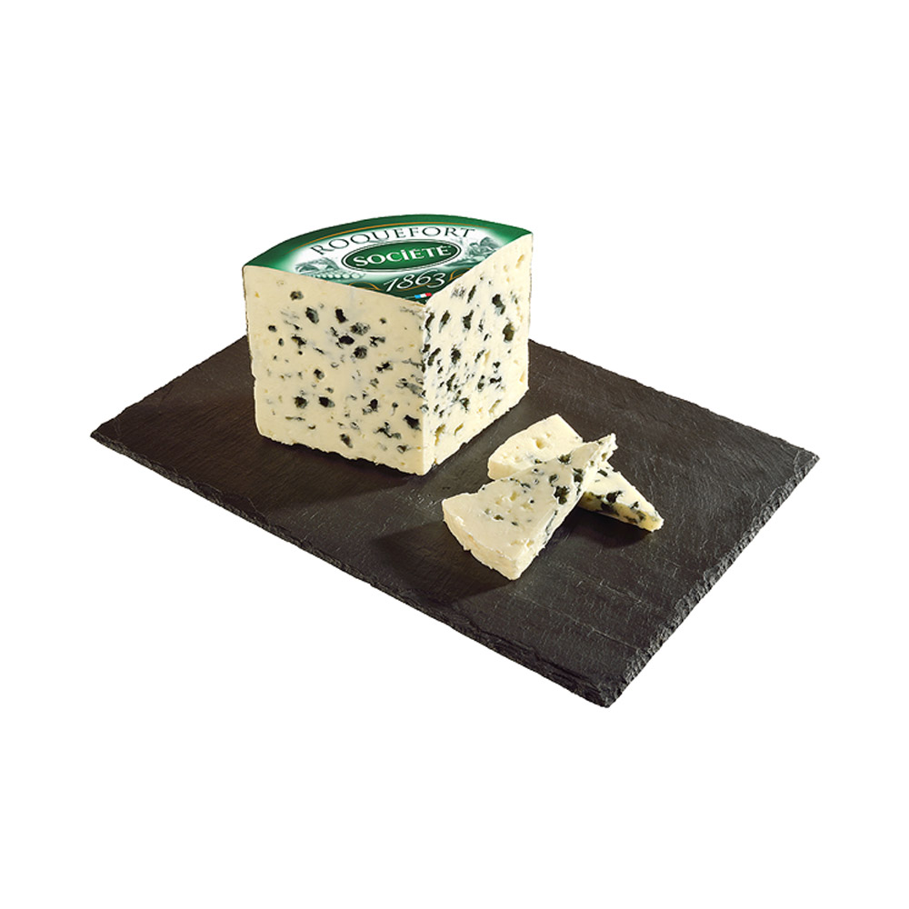 Société Roquefort blue cheese cut on a slate board