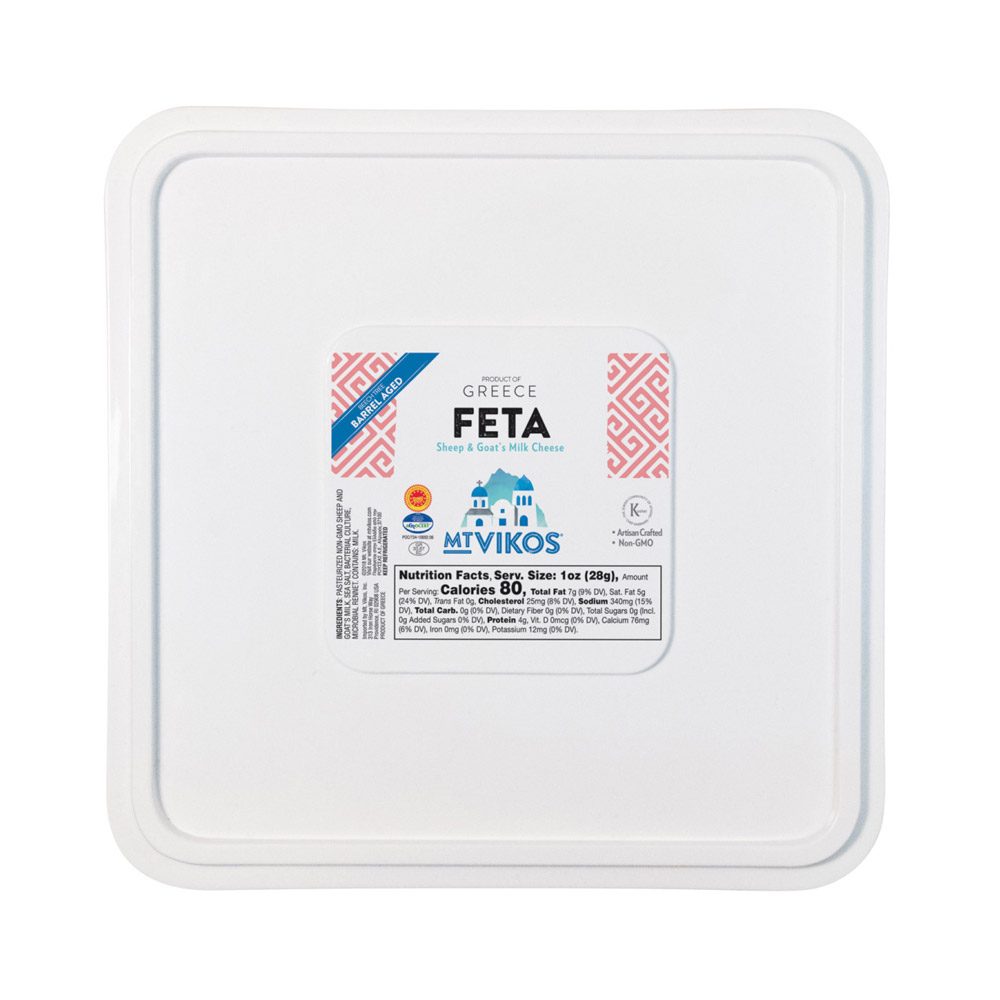 Mt Vikos barrel aged feta cheese in a plastic container