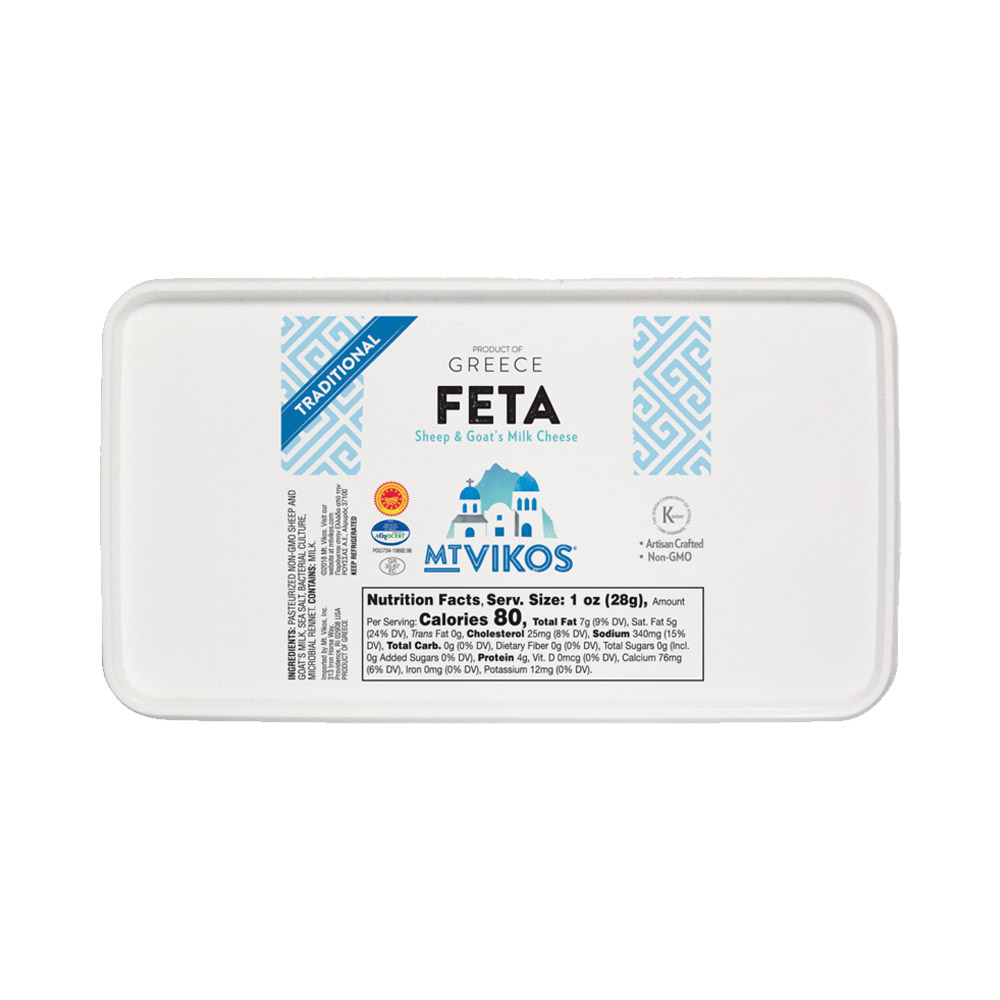 Mt Vikos traditional feta cheese in a plastic container