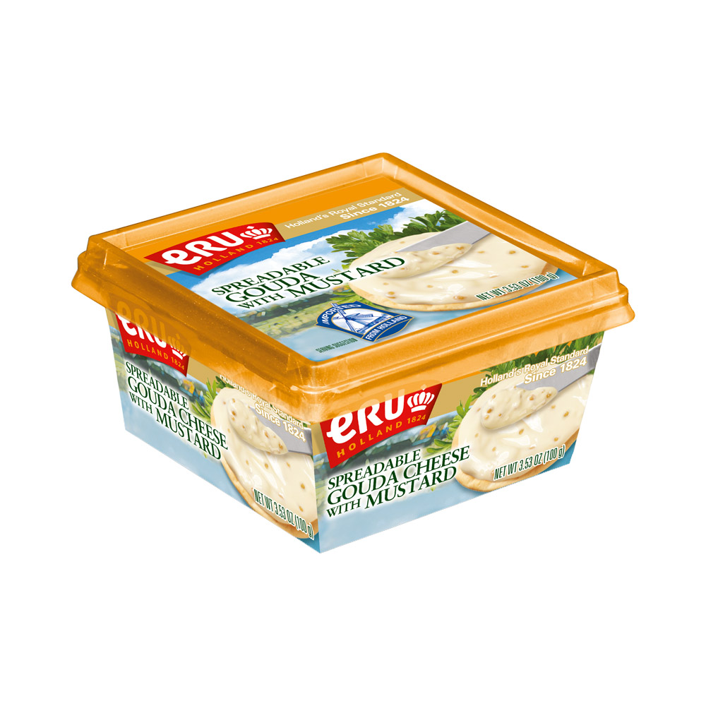 Container of ERU Holland spreadable gouda cheese with mustard