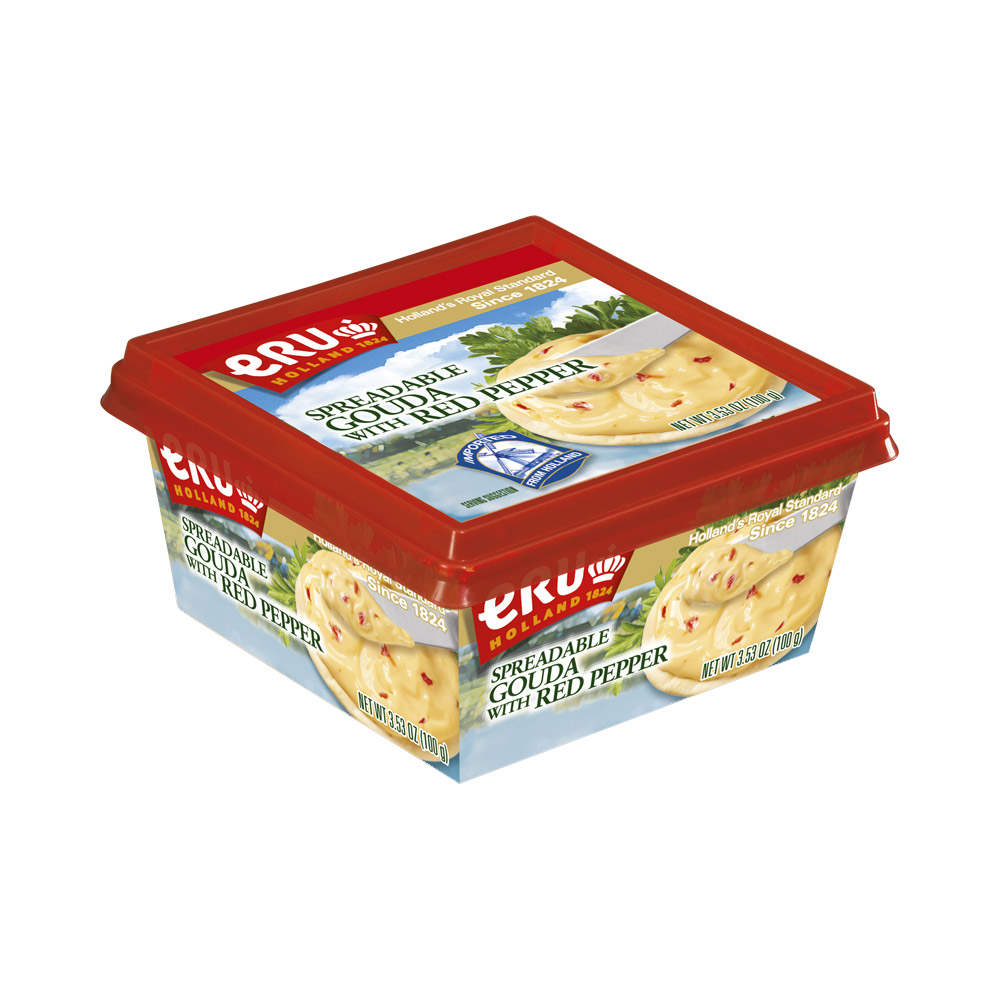 Container of ERU Holland spreadable gouda cheese with red pepper