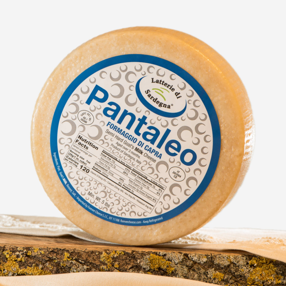 Wheel of Pantaleo cheese on a wood plank
