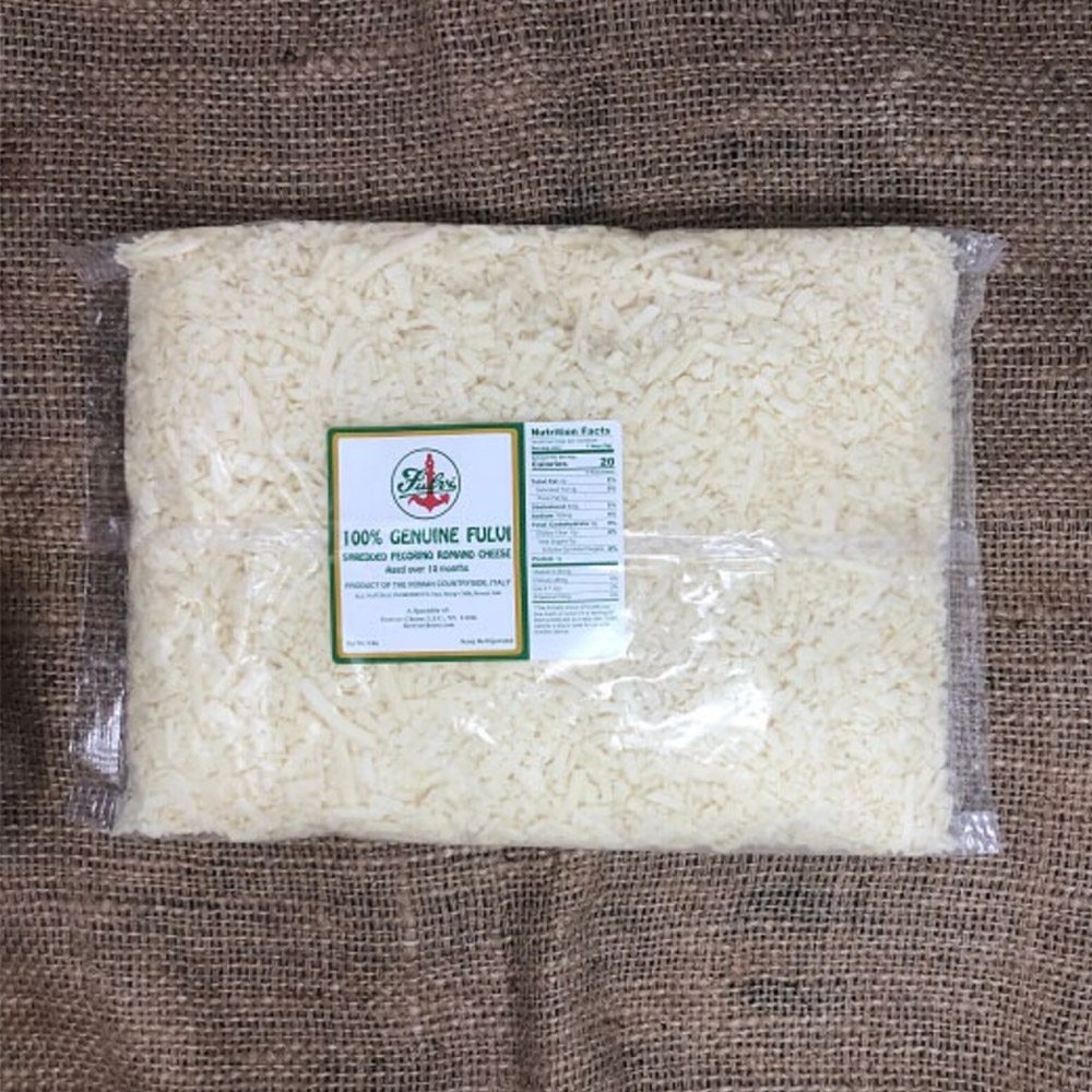 A bag of Genuine Fulvi shredded pecorino Romano cheese on a burlap background