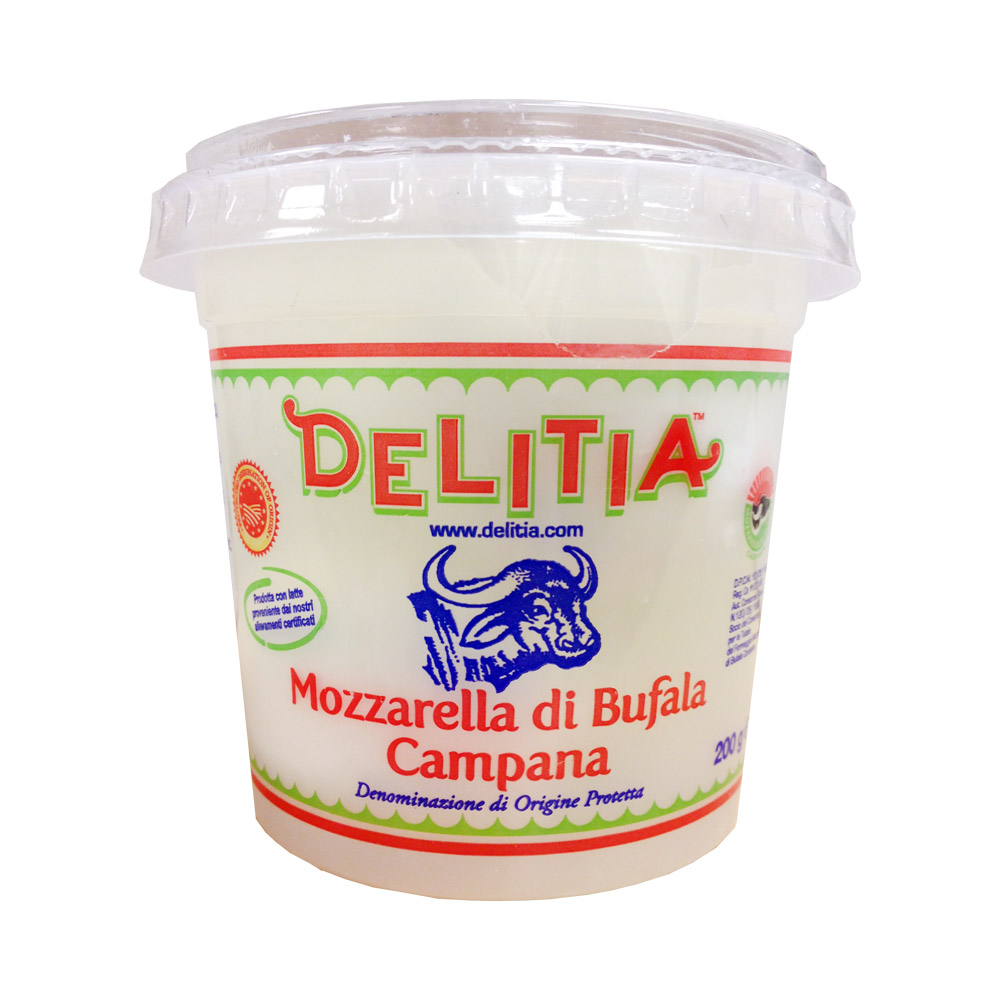 Container of Delitia mozzarella di bufala campana DOP cheese
