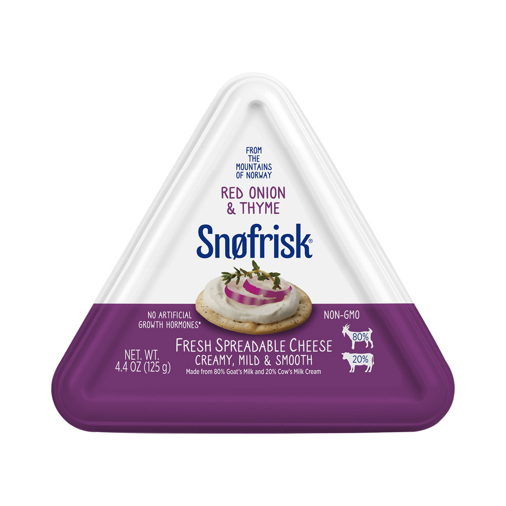 Container of Snøfrisk red onion and thyme fresh spreadable cheese