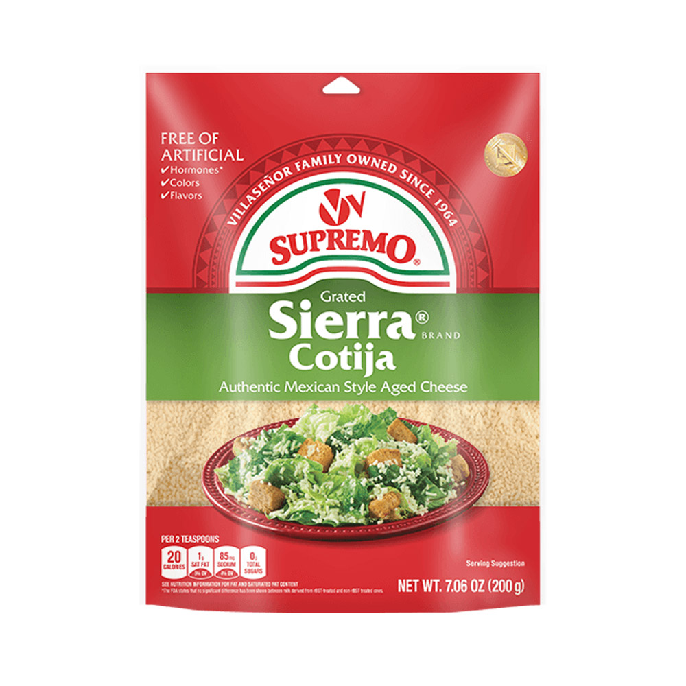 Bag of V&V Supremo Sierra Brand grated Cotija cheese