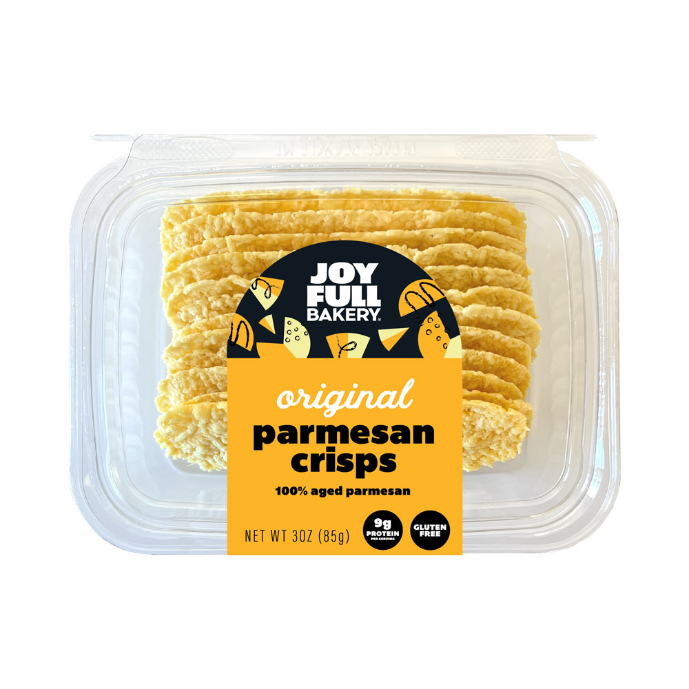 The front of a package of Joyfull Bakery Parmesan Cheese Crisps