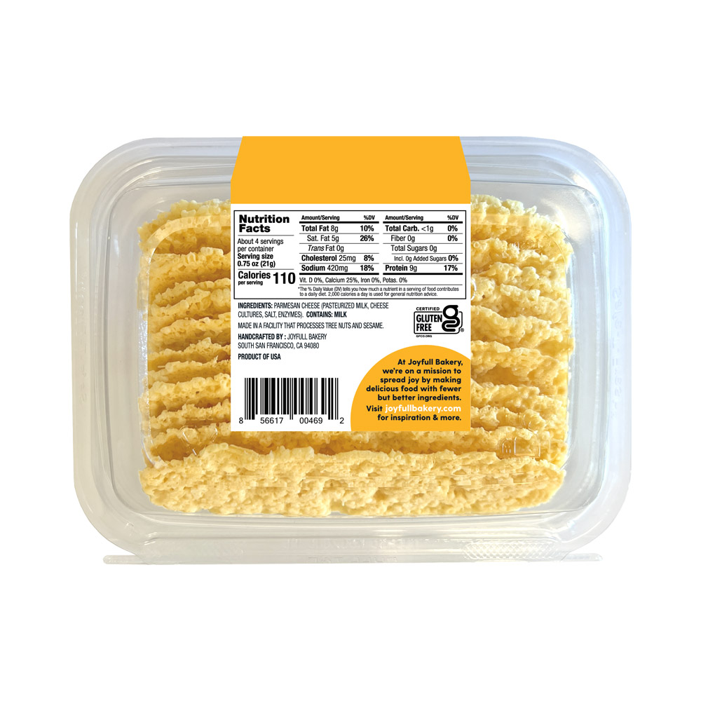 The back of a package of Joyfull Bakery Parmesan Cheese Crisps