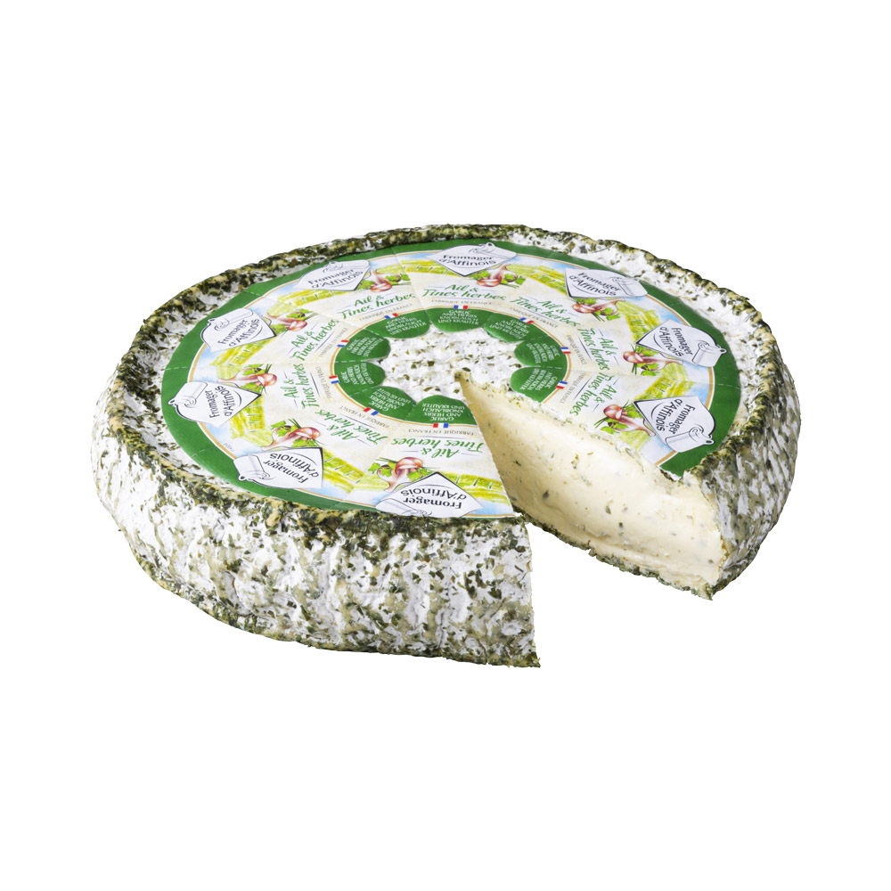 Wheel of Fromager D'affinois cheese with Garlic and Herbs with a wedge missing
