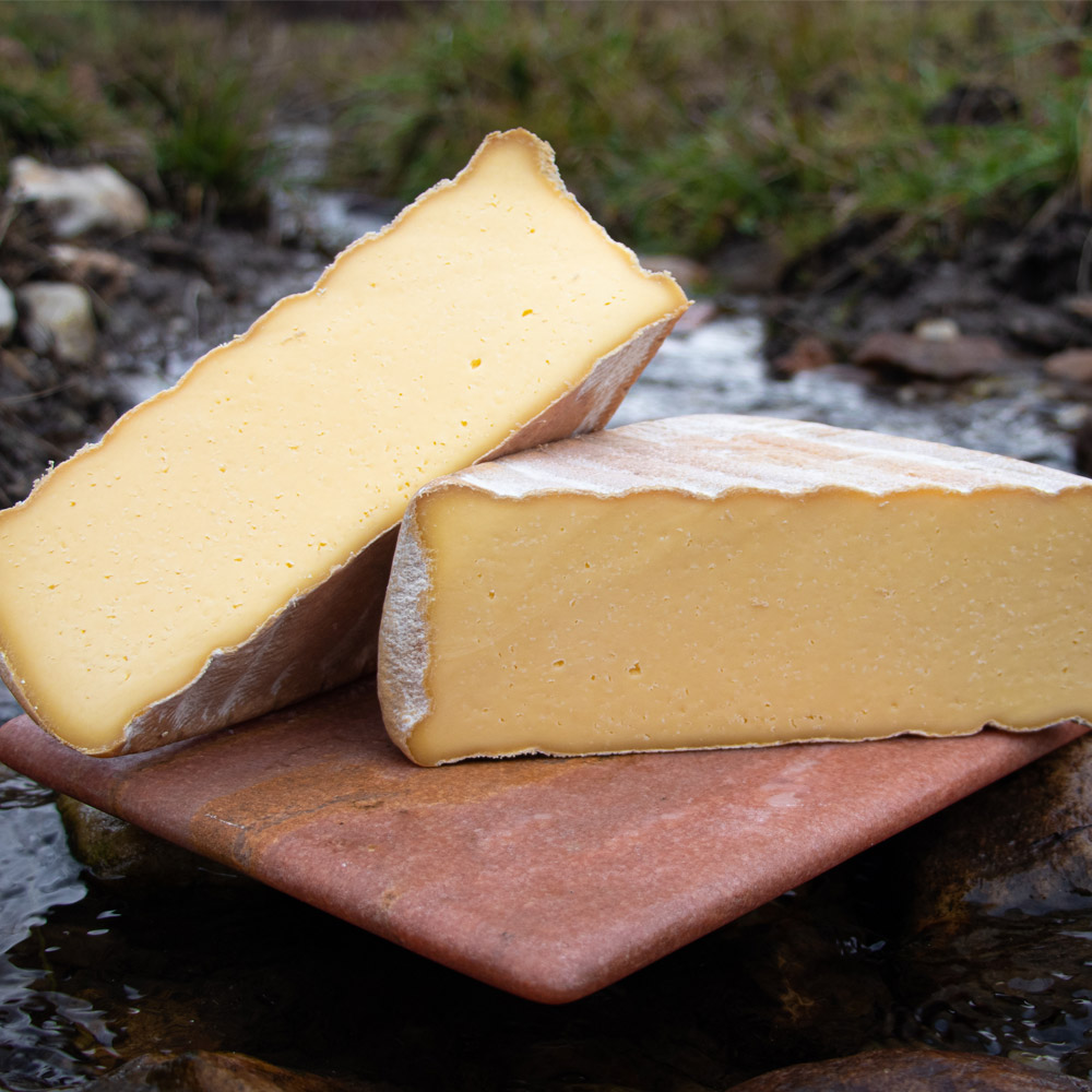 A cut square of Galax cheese on a board by a river