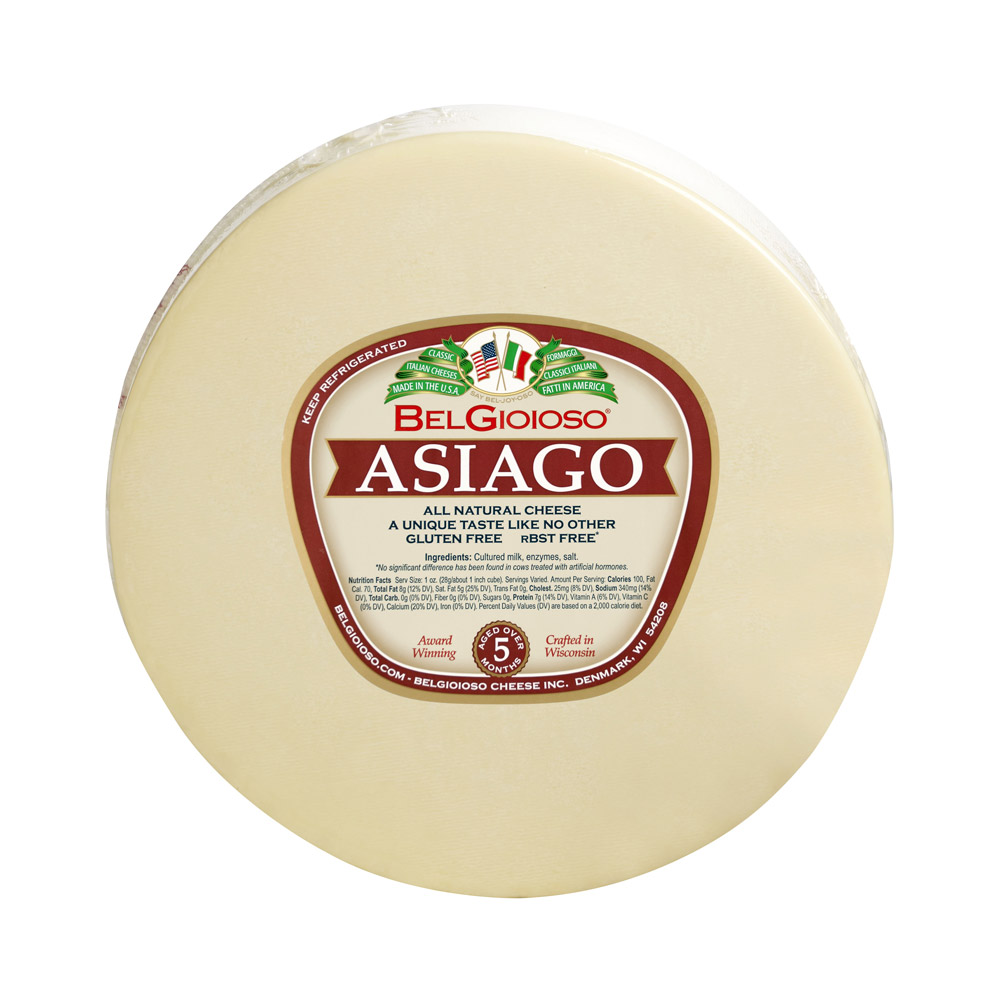 Wheel of BelGioioso Asiago cheese