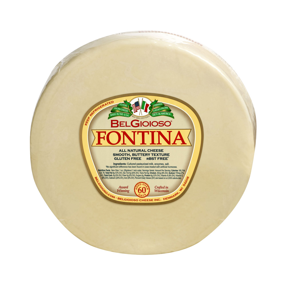 Wheel of BelGioioso Fontina cheese