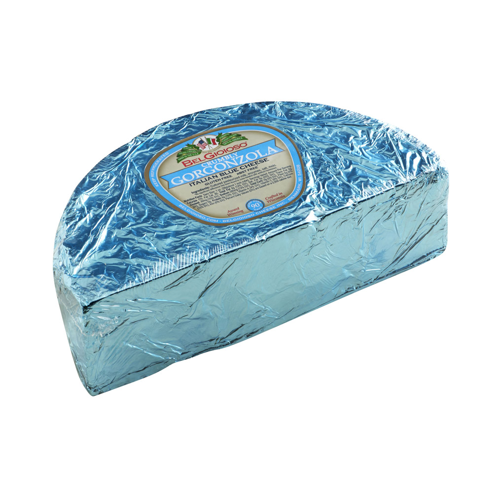 A wedge of BelGioioso Crumbly Gorgonzola in the packaging