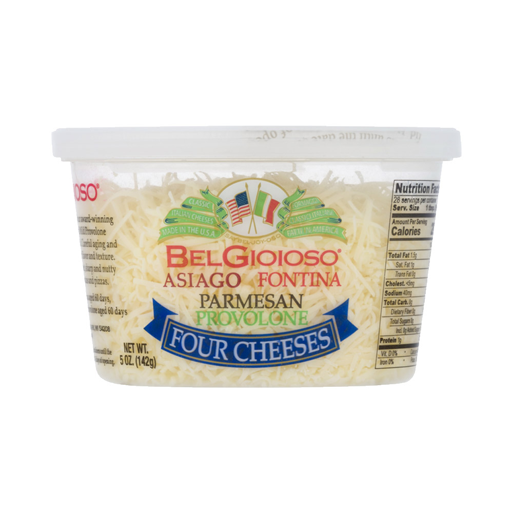Cup of BelGioioso four cheese shred blend