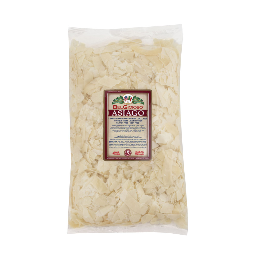 A bag of BelGioioso Shaved Asiago cheese