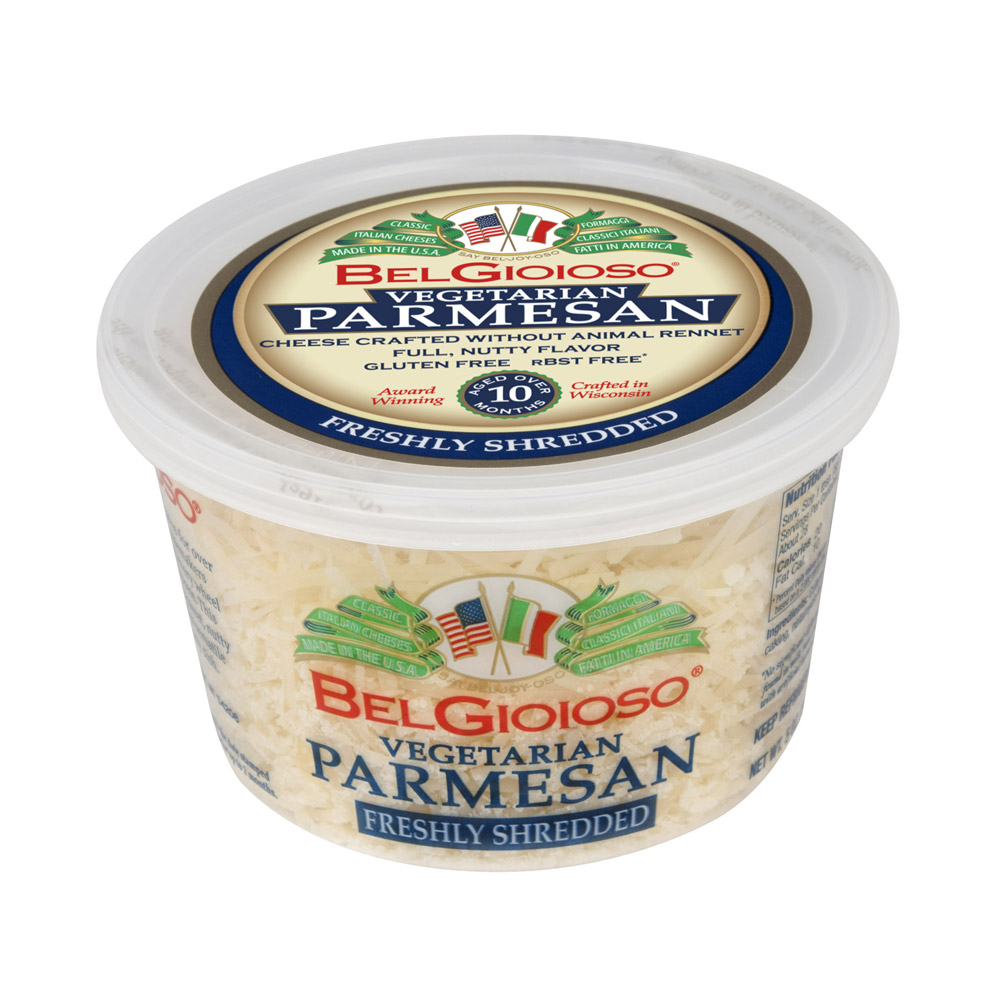 Container of BelGioioso shredded vegetarian parmesan