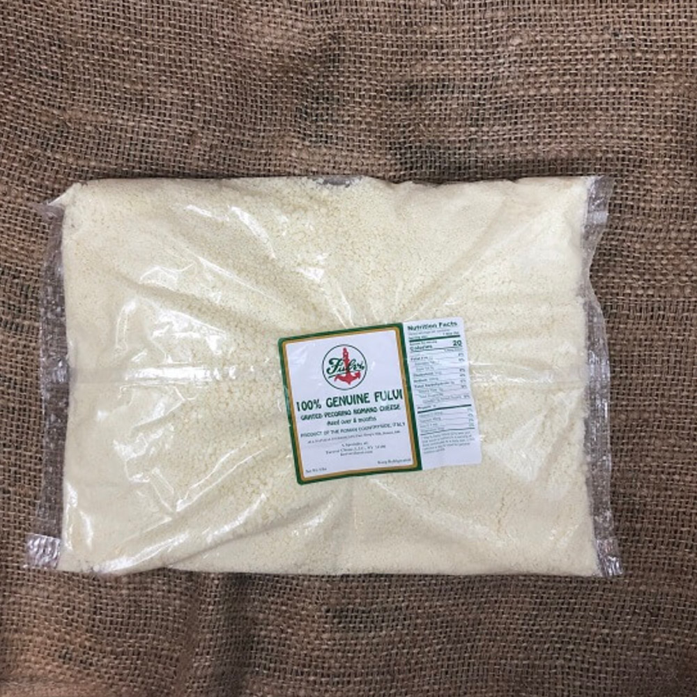 Bag of Genuine Fulvi grated pecorino Romano DOP cheese on a burlap background