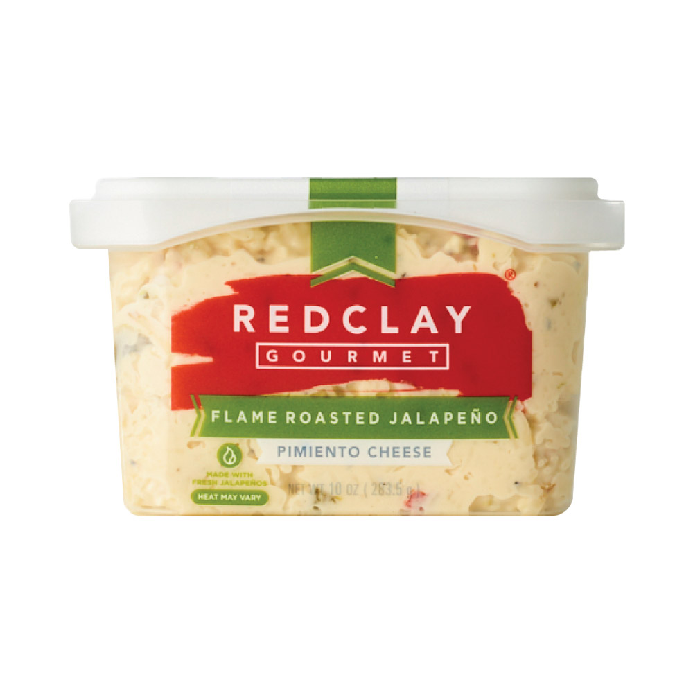 Container of Red Clay Gourmet flame roasted jalapeno pimiento cheese