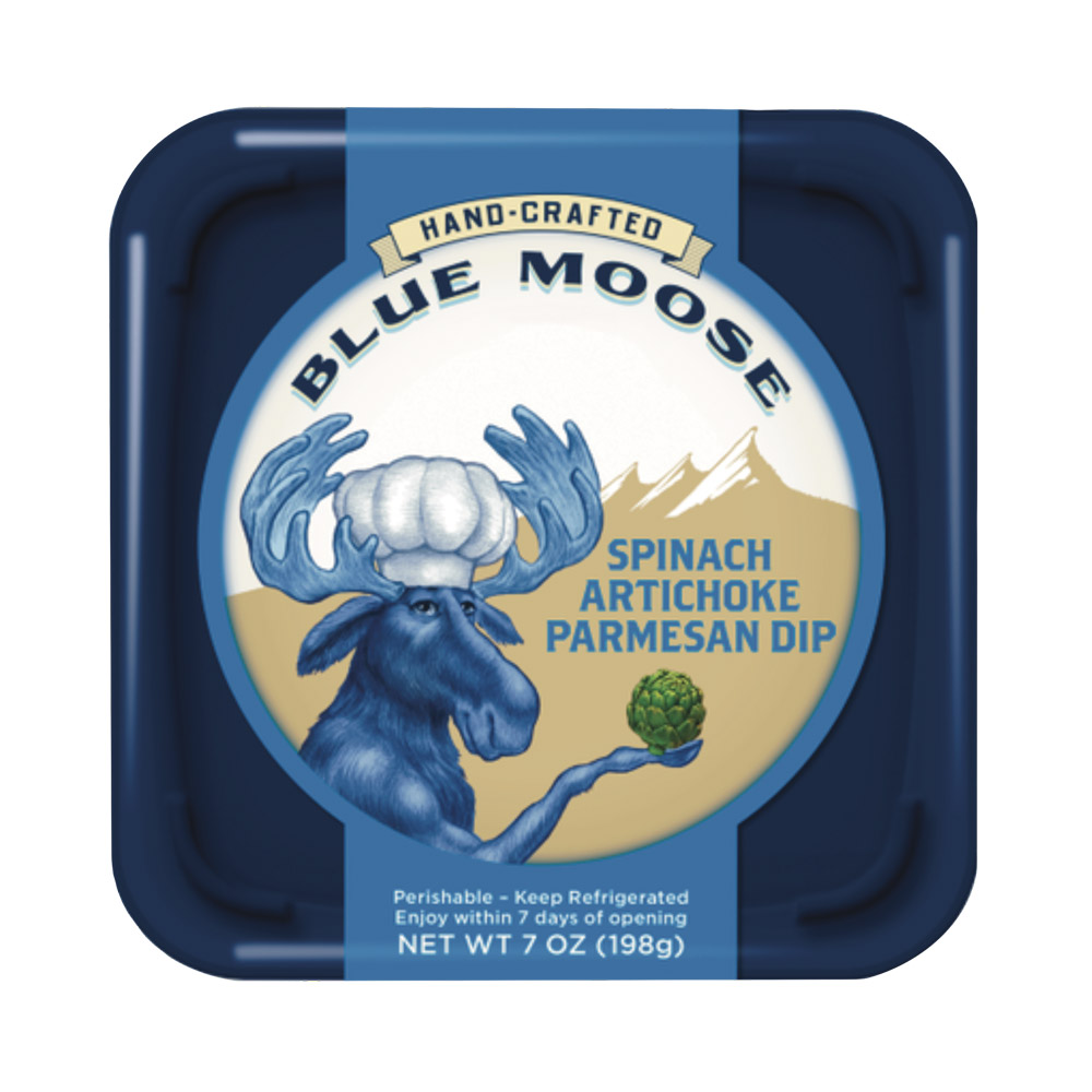 A container of Blue Moose Spinach Artichoke Parmesan Dip