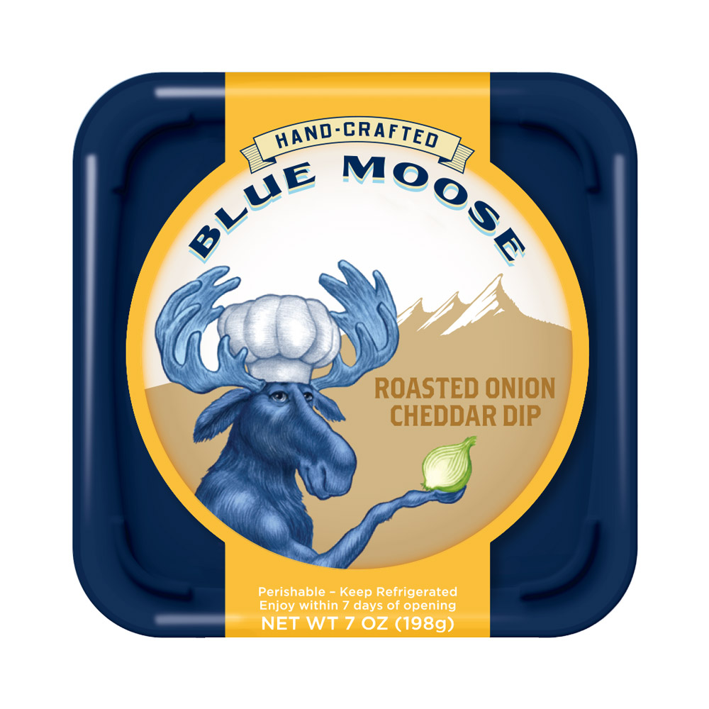 A container of Blue Moose Roasted Onion Cheddar Dip