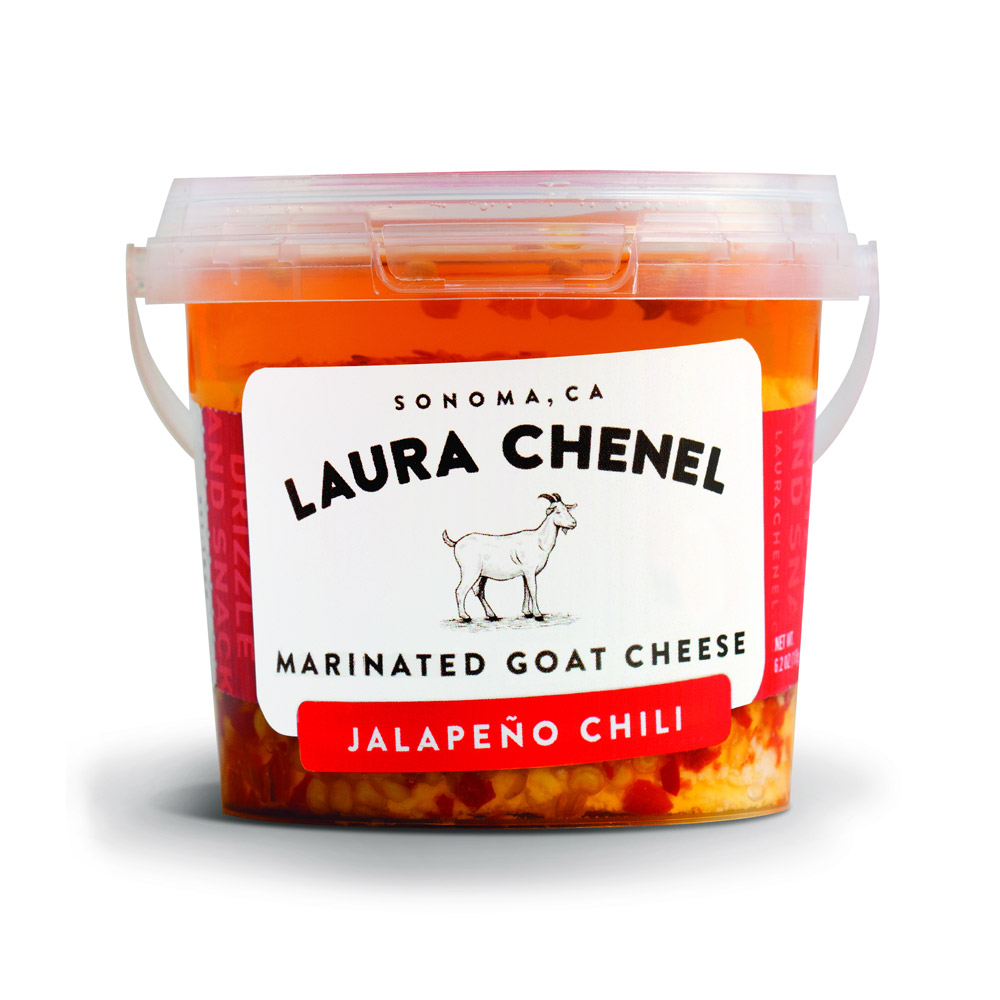 Bucket of Laura Chenel jalapeño chili marinated goat cheese