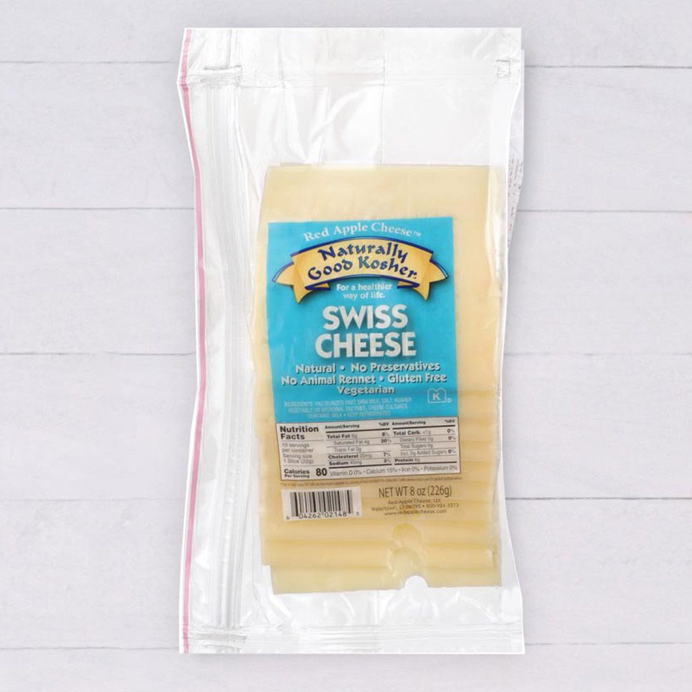 Shingle pack of Naturally Good Kosher sliced Swiss cheese