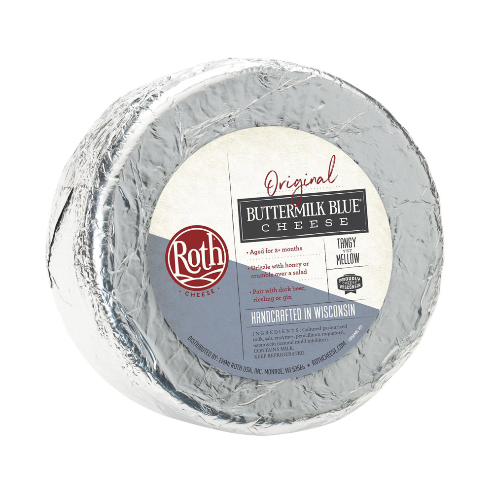 A wheel of Roth Buttermilk Blue Cheese