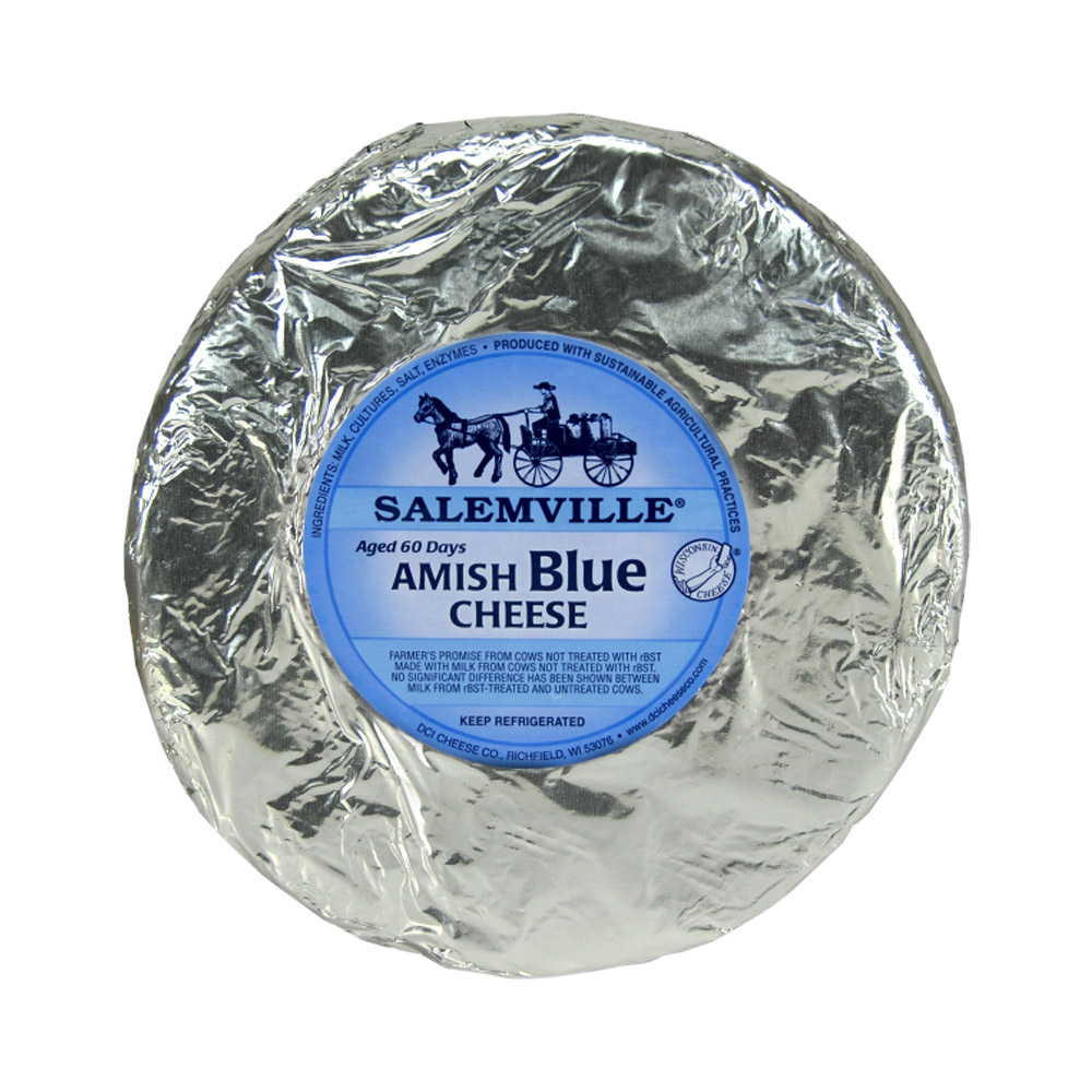 Foil wrapped wheel of Salemville Amish blue cheese