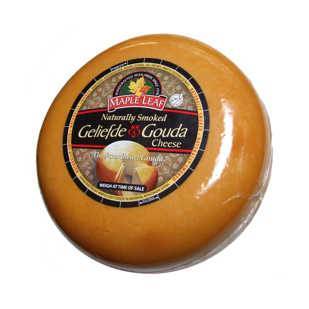 Wheel of Maple leaf smoked gouda cheese