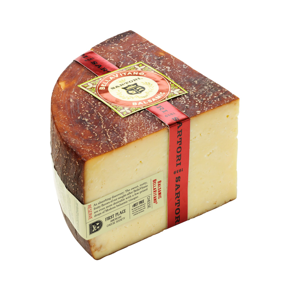 A quarter wheel of Sartori Balsamic BellaVitano cheese