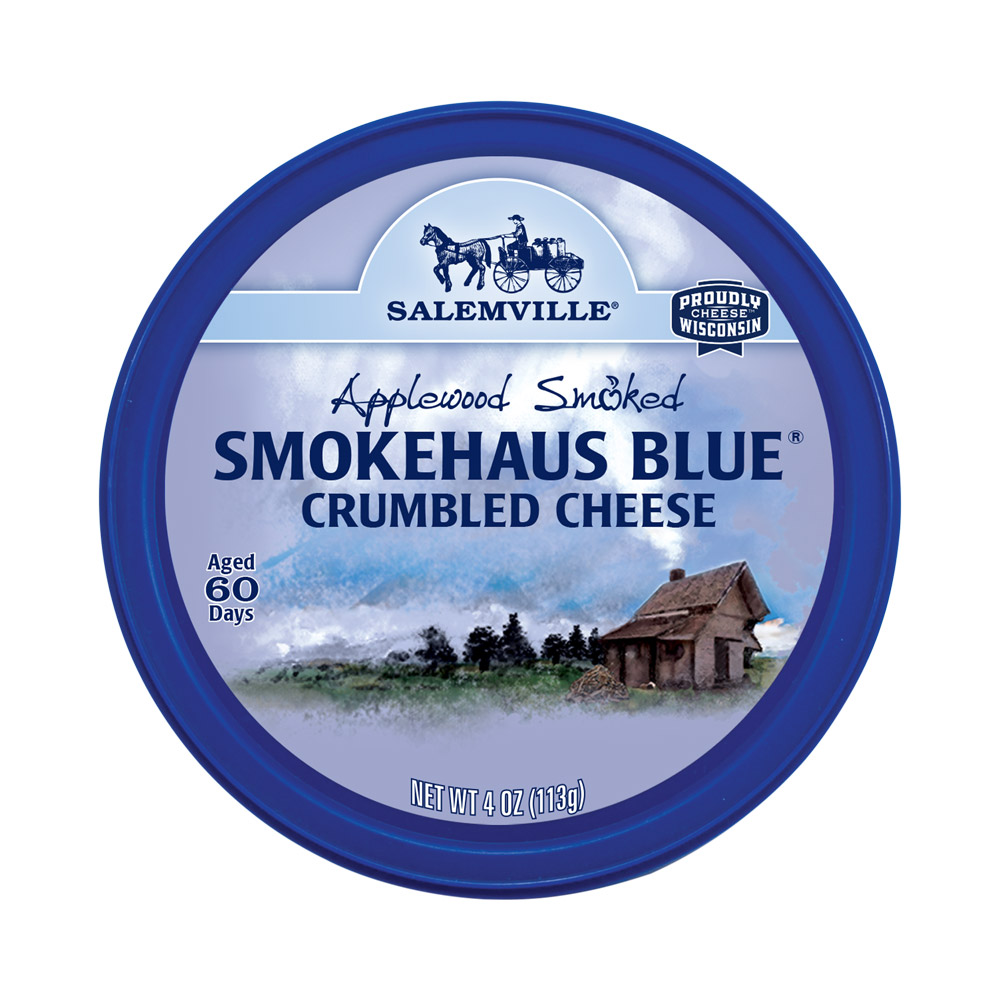A lid to a container of Salemville Smokehaus blue cheese crumbles