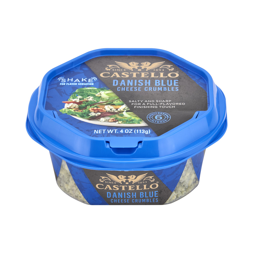 Container of Castello Danish blue cheese crumbles
