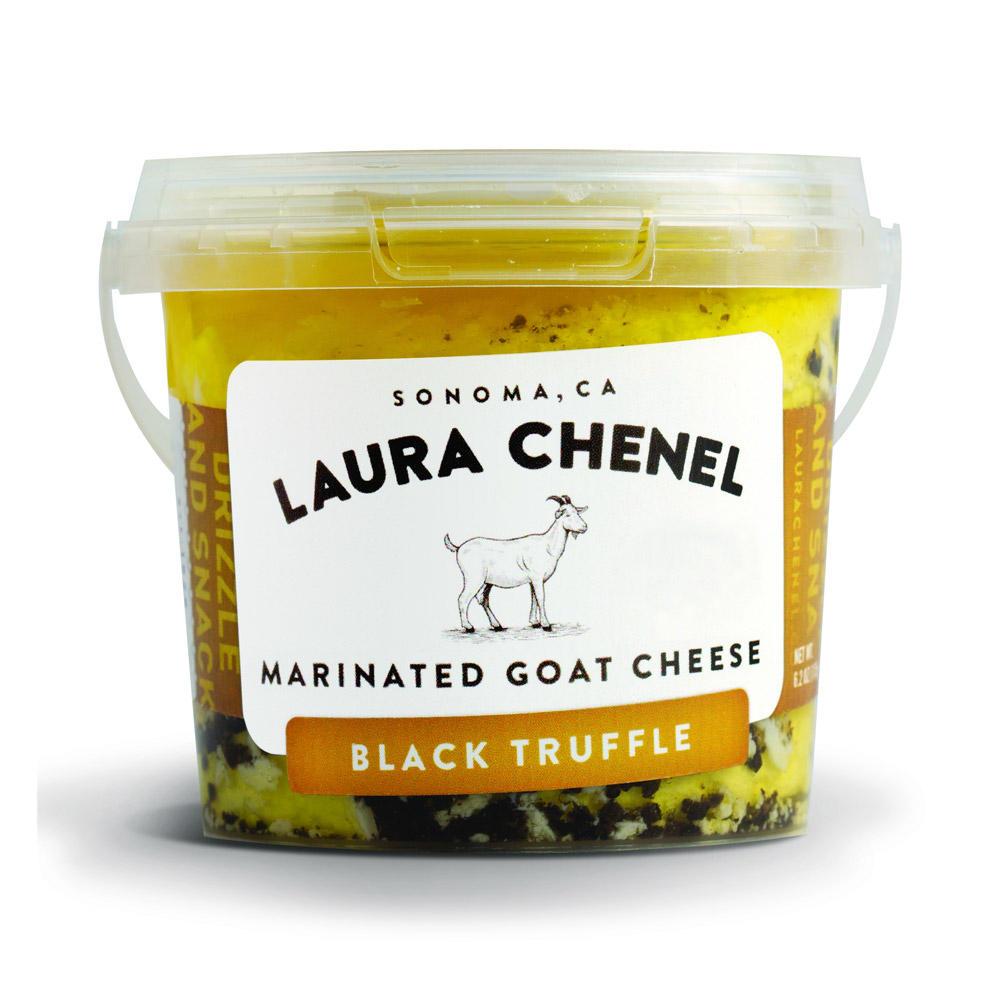 Bucket of Laura Chenel black truffle marinated goat cheese