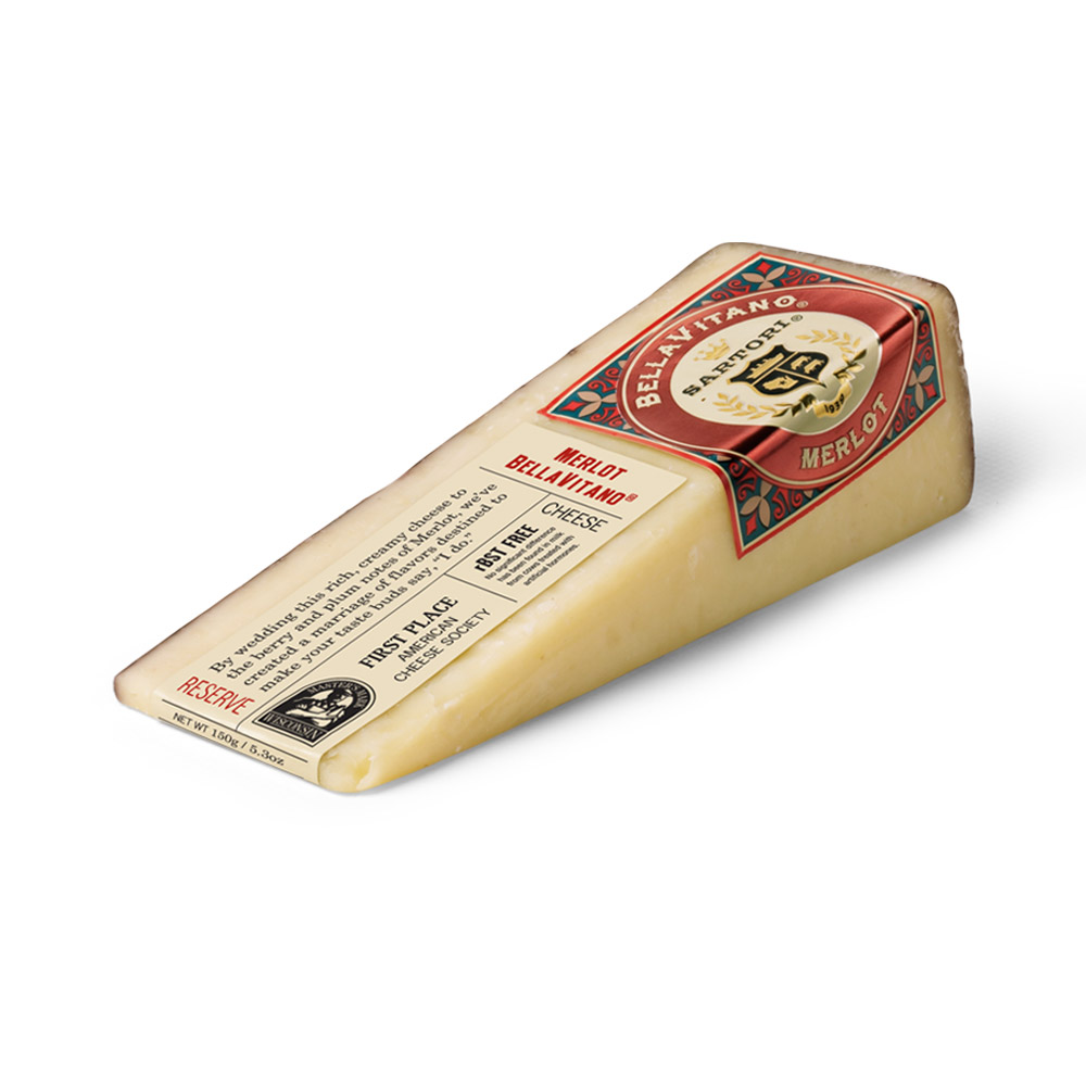 A wedge of Sartori Merlot BellaVitano cheese