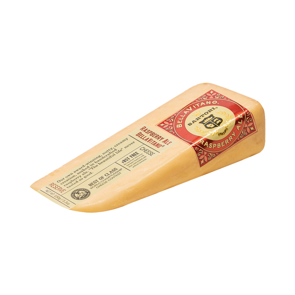 A wedge of Sartori Raspberry Ale BellaVitano cheese