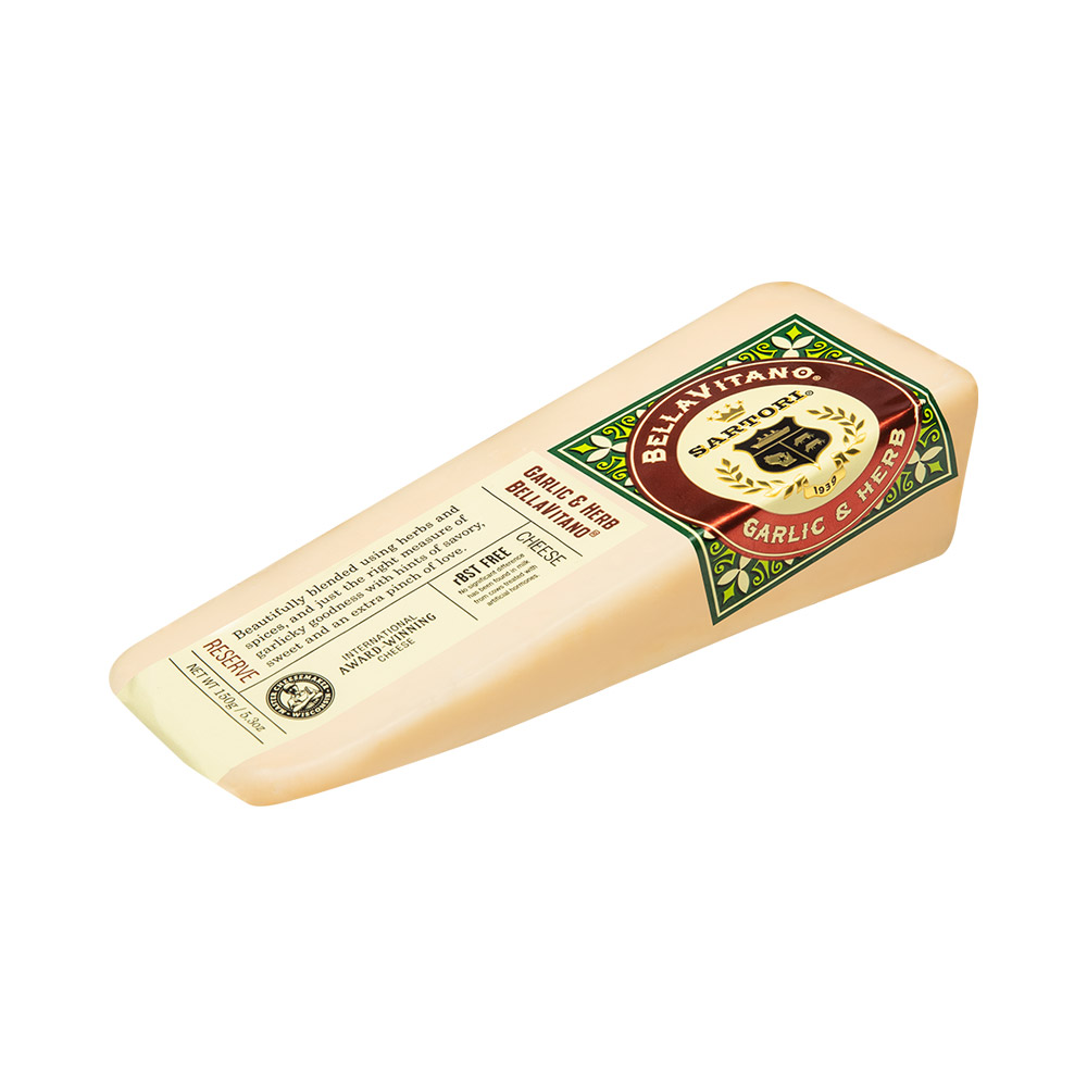 Wedge of Sartori garlic and herb BellaVitano cheese