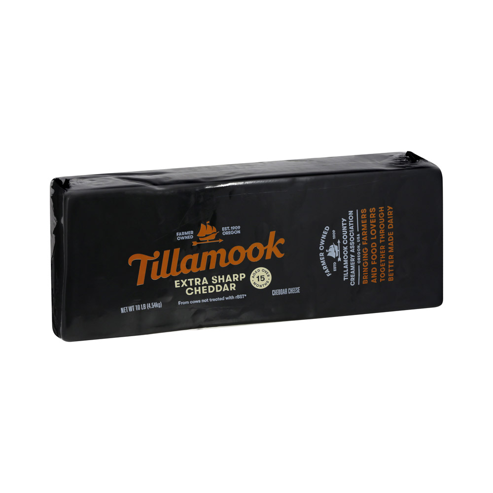 A loaf of Tillamook extra sharp cheddar cheese