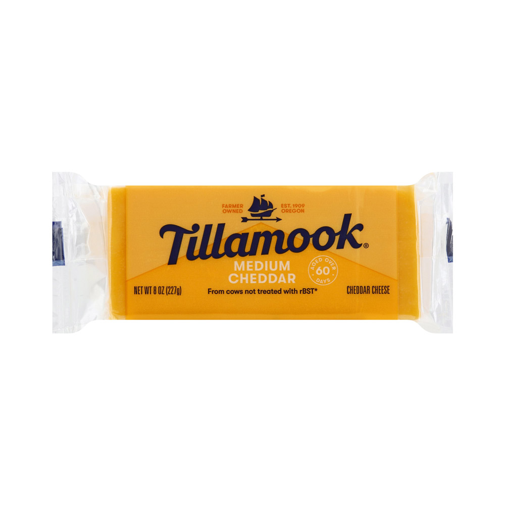 A bar of Tillamook medium cheddar cheese