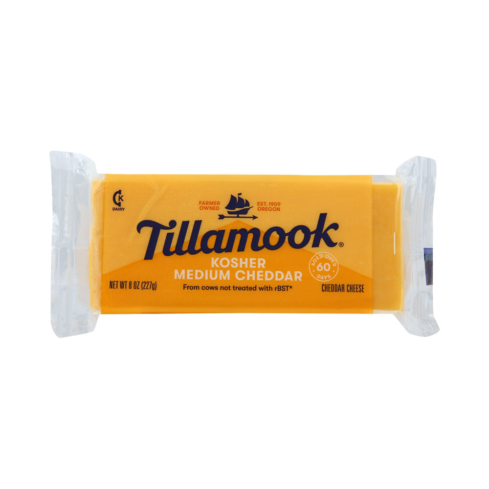 Bar of Tillamook kosher medium cheddar cheese