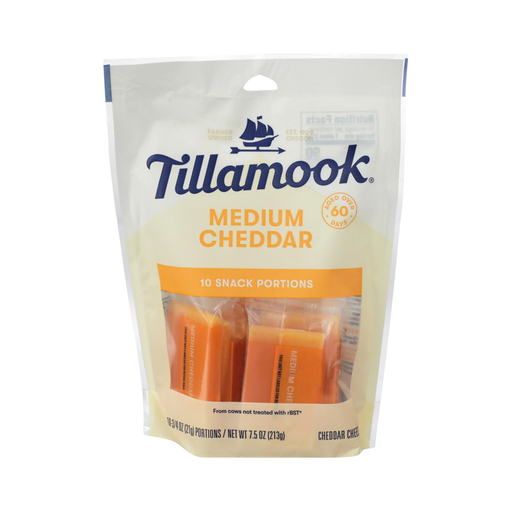 A bag of individually wrapped Tillamook medium cheddar cheese snack portions