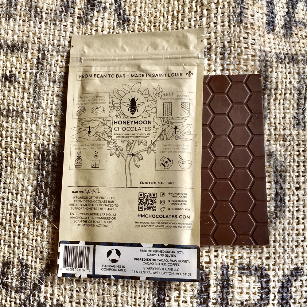 The back of a Honeymoon Chocolates 70% Haiti & Coffee Dark Chocolate Bar