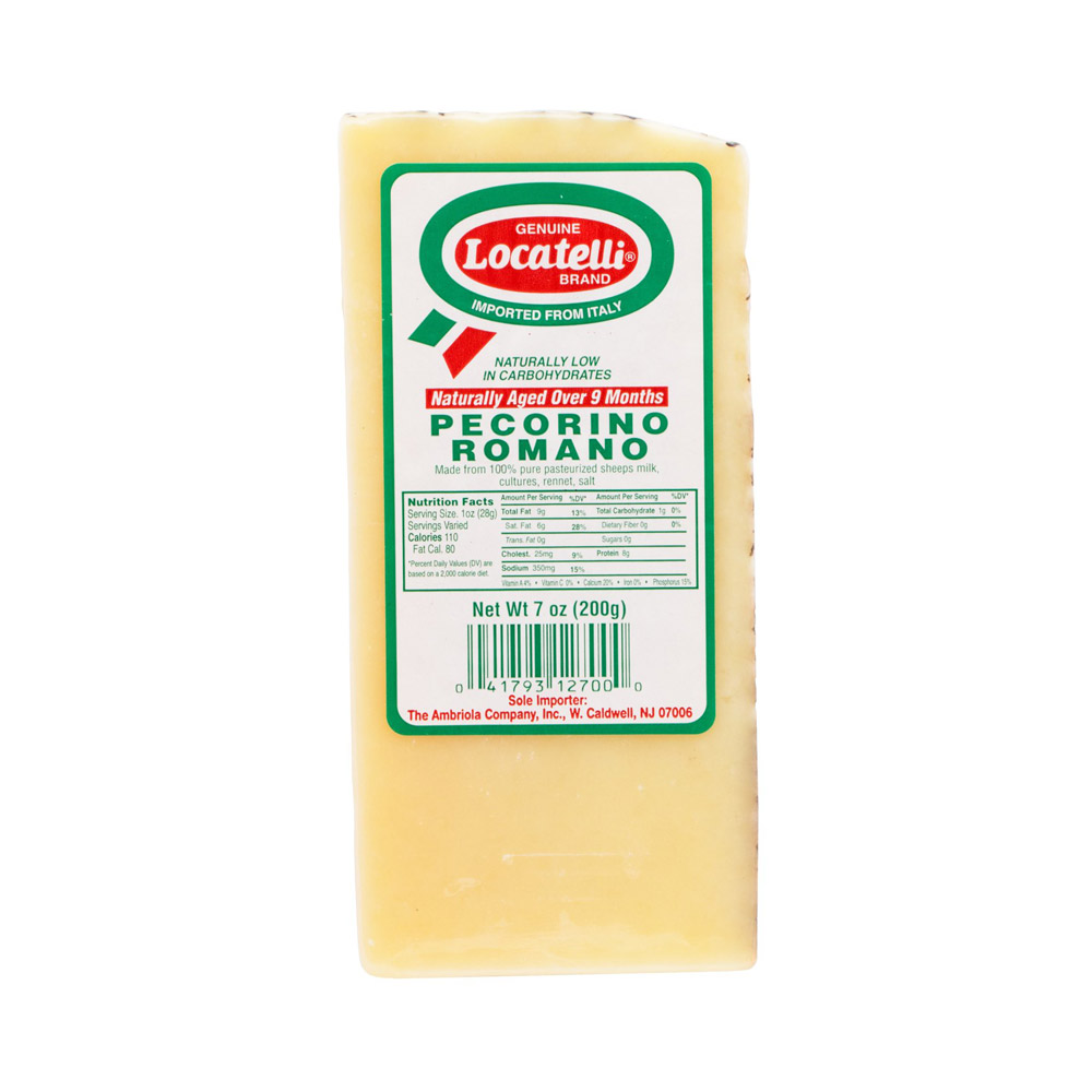 A wedge of Locatelli Pecorino Romano in its packaging