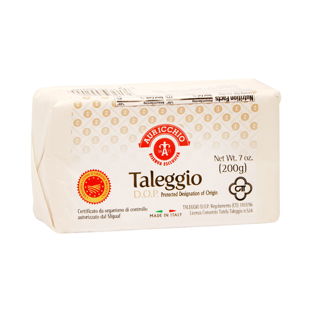 A piece of Auricchio Taleggio cheese in its packaging,