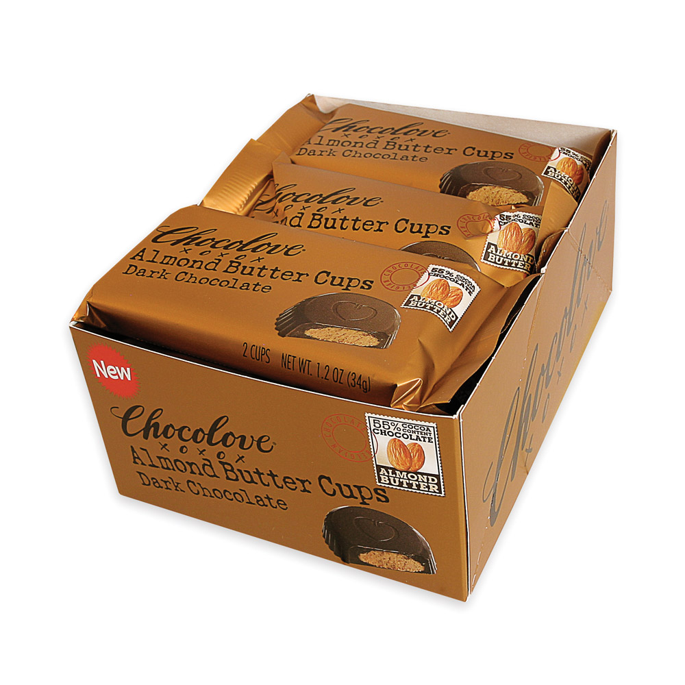 Merchandising box for Chocolove Dark Chocolate Almond Butter Cups